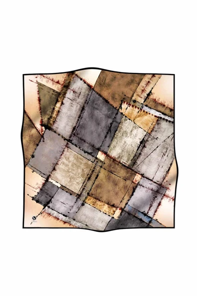 Twil Yamalı Ve Geometrik Desenli Gri Renkli 90x90 Eşarp (İpek İçermez) Dikim Şekli : El Dikişi - Resim 2