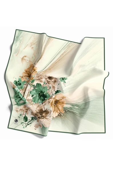 Twill Çiçek Desenli Petrol Yeşili Renkli 90x90 Eşarp (İpek İçermez) Kenar Dikiş Şekli El Dikişli ürün görseli