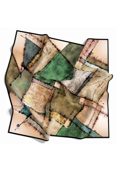 Twil Yamalı Ve Geometrik Desenli Zümrüt Yeşili Renkli 90x90 Eşarp (İpek İçermez) Dikim Şekli : El Dikişi - Resim 3