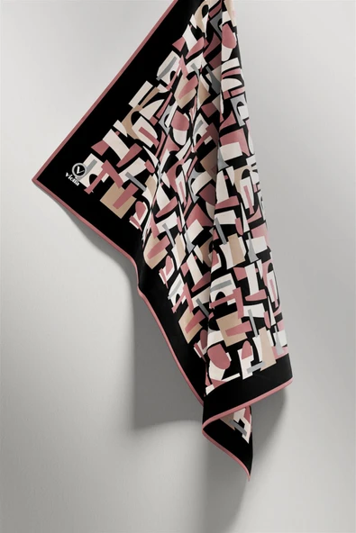 Twill Geometrik Desenli Pudra - Gri Renkli 90x90 Eşarp (İpek İçermez) Dikim Şekli : El Dikişi - Resim 4