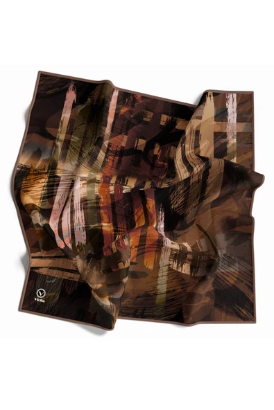 Rayon Fırça Darbeli Batik Desenli Bej Renkli 90x90 Eşarp (İpek İçermez) Dikim Şekli : El Dikişi - Resim 2