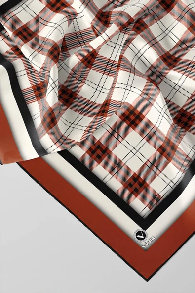 Twill Ekose Desenli Taba Renkli 90x90 Eşarp (İpek İçermez) Kenar Dikiş Şekli El Dikişli - Resim 2