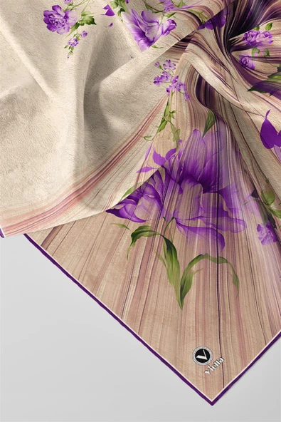 Twill Çiçekli Desenli Mor Renkli 90x90 Eşarp (İpek İçermez) Kenar Dikiş Şekli El Dikişli - Resim 2