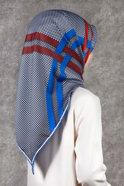 Twill Çizgili Pötikareli Çizgili Desenli Saks Mavisi - Kırmızı Renkli 90x90 Eşarp (İpek İçermez) ürün görseli
