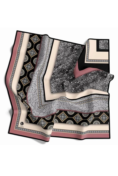Twill Leopar ve Barok Desenli Pudra Renkli 90x90 Eşarp (İpek İçermez) Dikim Şekli : El Dikişi ürün görseli