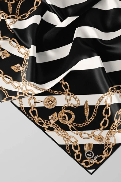 Twill Çizgili Zincir Desenli Siyah Renkli 90x90 Eşarp (İpek İçermez) Kenar Dikiş Şekli El Dikişli - Resim 4