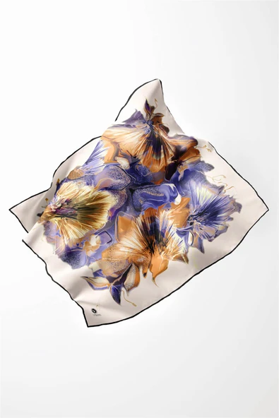 Twill Çiçek Desenli Hardal - Mor Renkli 90x90 Eşarp (İpek İçermez) Kenar Dikiş Şekli El Dikişli - Resim 3