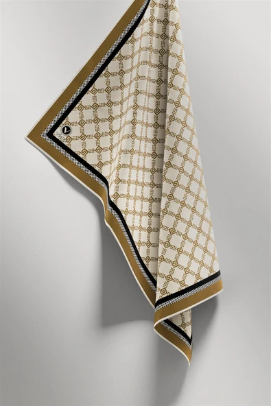 Twill Minik Motifli Geometrik Desenli Bej - Kahverengi Renkli 90x90 Eşarp (İpek İçermez) Dikim Şekli : El Dikişi - Resim 4