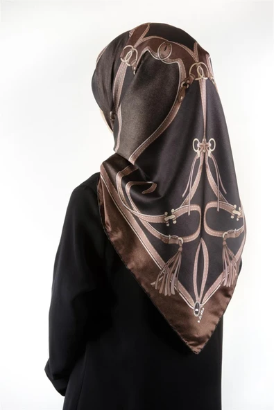 Twill Kemer Desenli Gri - Bej Renkli 90x90 Eşarp (İpek İçermez) Dikim Şekli : El Dikişi ürün görseli 1