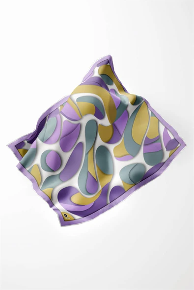 Twill Soyut Geometrik Desenli Lila - Haki Renkli 90x90 Eşarp (İpek İçermez) Dikim Şekli : El Dikişi - Resim 3