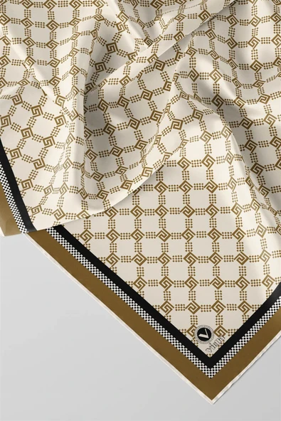 Twill Minik Motifli Geometrik Desenli Bej - Kahverengi Renkli 90x90 Eşarp (İpek İçermez) Dikim Şekli : El Dikişi - Resim 2