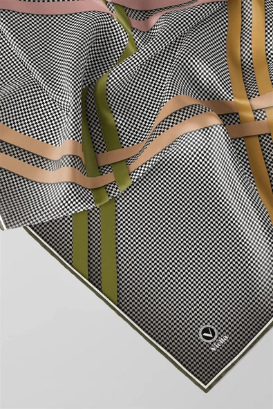 Twill Çizgili Pötikareli Çizgili Desenli Haki Yeşili - Fıstık Yeşili Renkli 90x90 Eşarp (İpek İçermez) - Resim 2