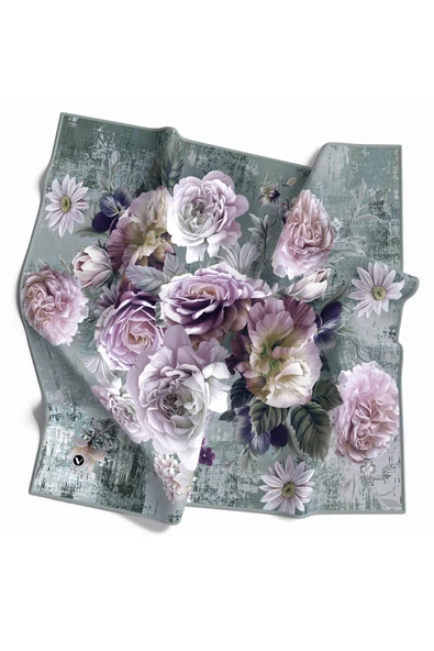 Rayon Büyük Çiçek Desenli Mint Yeşili Renkli 90x90 Eşarp (İpek İçermez) Kenar Dikiş Şekli El Dikişli ürün görseli