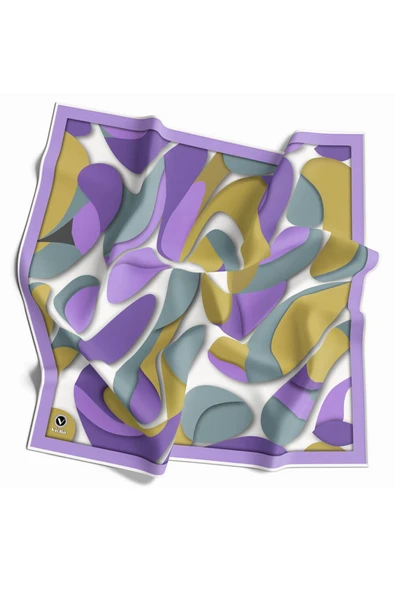Twill Soyut Geometrik Desenli Lila - Haki Renkli 90x90 Eşarp (İpek İçermez) Dikim Şekli : El Dikişi ürün görseli 1