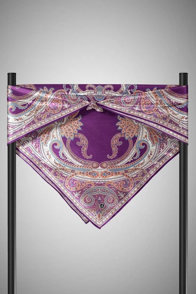 %100 Twill İpek Şal Desenli Mürdüm - Fuşya Renkli 90x90 Eşarp Dikim Şekli : El Dikişi - Resim 6