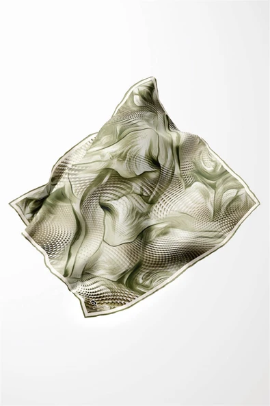 Twill Geometrik Ve Dalga Desenli Mint Yeşili Renkli 90x90 Eşarp (İpek İçermez) Dikim Şekli : El Dikişi - Resim 3