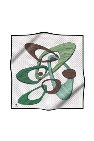 100% Twill Geometrik Halka Desenli Zümrüt Yeşili - Kahverengi  Renkli 90x90 Dikim Şekli : El Dikişi Eşarp - Resim 2