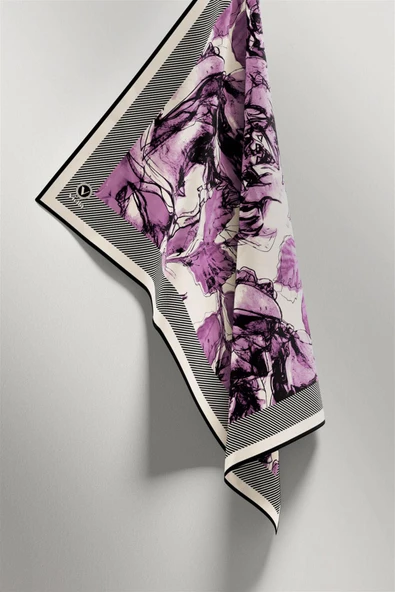 Twill Gül Yaprak Desenli Lila Renkli 90x90 Eşarp (İpek İçermez) Kenar Dikiş Şekli El Dikişli - Resim 5
