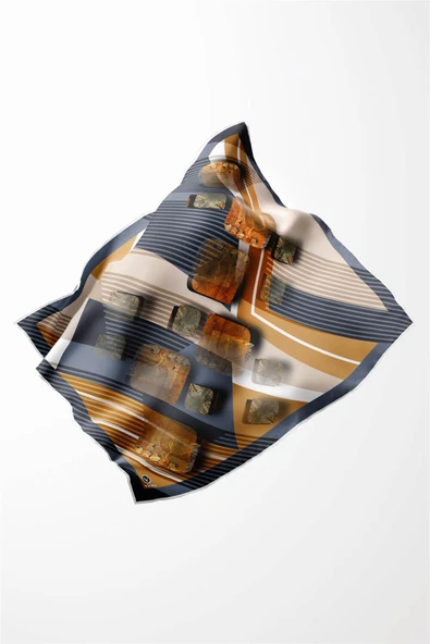 Twill Çizgili ve Geometrik Desenli Hardal Renkli 90x90 Eşarp (İpek İçermez) Kenar Dikiş Şekli El Dikişli - Resim 3