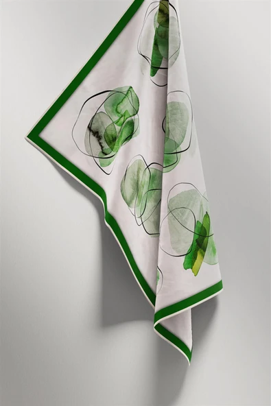 Twill Sulu Boya Geometrik Desenli Zümrüt Yeşili Renkli 90x90 Eşarp (İpek İçermez) Kenar Dikiş Şekli El Dikişli - Resim 4