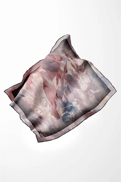 Twill Sulu Boyalı Çiçek Desenli Pudra Renkli 90x90 Eşarp (İpek İçermez) Kenar Dikiş Şekli El Dikişli - Resim 3