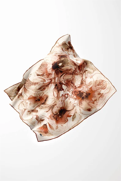 Twill Soyut Desenli Taba Renkli 90x90 Eşarp (İpek İçermez) Kenar Dikiş Şekli El Dikişli - Resim 2