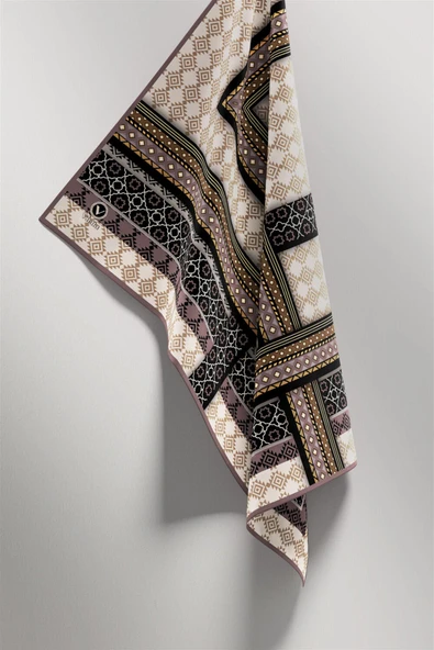 Twill Etnik Desenli Taş Renkli 90x90 Eşarp (İpek İçermez) Kenar Dikiş Şekli El Dikişli - Resim 4