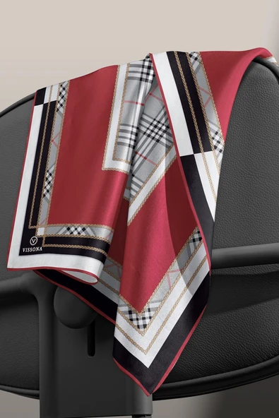 %100 Twill İpek Ekose Desenli Bordo Renkli 90x90 Eşarp Dikim Şekli : El Dikişi - Resim 3