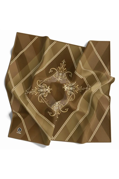 Twill Ekoseli Barok Desenli Vizon Renkli 90x90 Eşarp (İpek İçermez) Kenar Dikiş Şekli El Dikişli ürün görseli