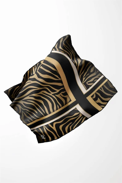Twill Zebra Desenli Siyah - Gold Renkli 90x90 Eşarp (İpek İçermez) Dikim Şekli : El Dikişi - Resim 3