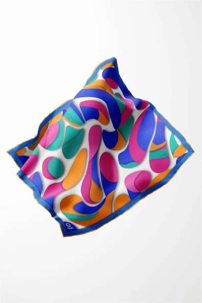 Twill Soyut Geometrik Desenli Saks - Turuncu Renkli 90x90 Eşarp (İpek İçermez) Dikim Şekli : El Dikişi - Resim 3