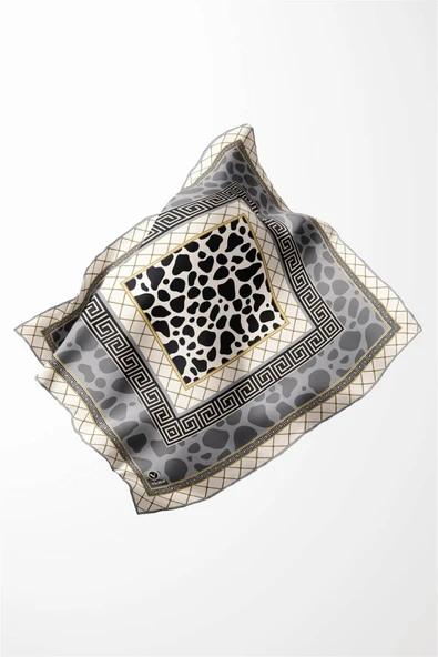 Twill Taş Desenli Gri Renkli 90x90 Eşarp (İpek İçermez) Kenar Dikiş Şekli El Dikişli - Resim 3