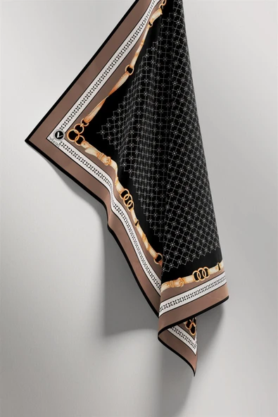 Twill Kemerli ve Çıtır Motifli Desenli Vizon Renkli 90x90 Eşarp (İpek İçermez) Dikim Şekli : El Dikişi - Resim 4