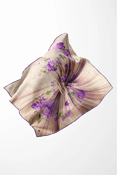 Twill Çiçekli Desenli Mor Renkli 90x90 Eşarp (İpek İçermez) Kenar Dikiş Şekli El Dikişli - Resim 3