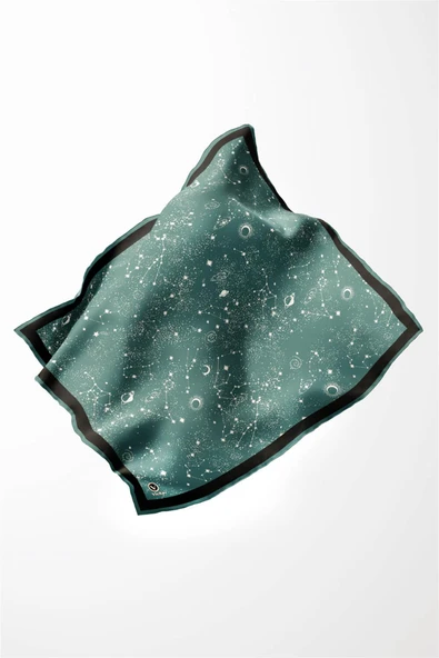 Twill Galaksi Desenli Petrol Yeşili Renkli 90x90 Eşarp (İpek İçermez) Kenar Dikiş Şekli El Dikişli - Resim 4