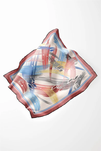Twill Geometrik Desenli Pudra Renkli 90x90 Eşarp (İpek İçermez) Kenar Dikiş Şekli El Dikişli - Resim 3