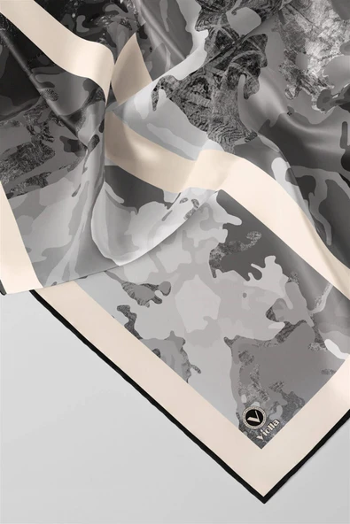 Twill Etnik ve Batik Desenli Gri Renkli 90x90 Eşarp (İpek İçermez) Dikim Şekli : El Dikişi - Resim 2