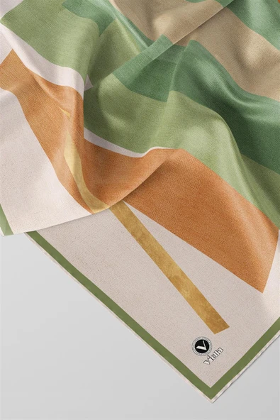 Twill Geometrik Desenli Haki Renkli 90x90 Eşarp (İpek İçermez) Kenar Dikiş Şekli El Dikişli - Resim 2