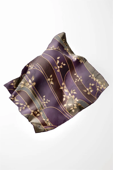 Twill Yapraklı Ve Geometrik Desenli Mürdüm Renkli 90x90 Eşarp (İpek İçermez) Kenar Dikiş Şekli El Dikişli - Resim 4