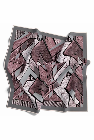 Kristal Geometrik Desenli Gri - Pudra Renkli 90x90 Eşarp (İpek İçermez) Kenar Dikiş Şekli El Dikişli ürün görseli