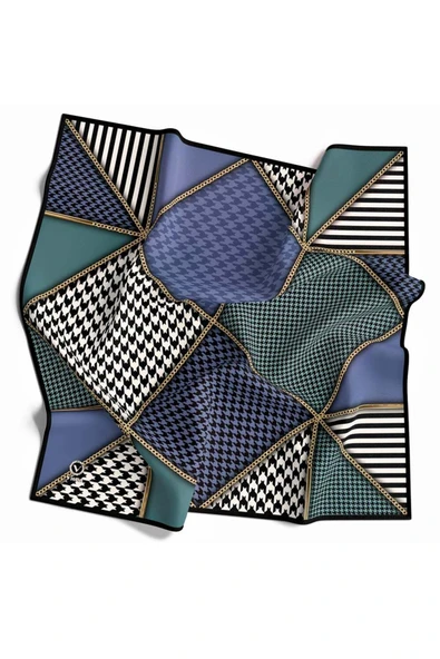 Twil Geometrik Ve Kazayak Desenli İndigo - Petrol Yeşili Renkli 90x90 Eşarp (İpek İçermez) Dikim Şekli : El Dikişi - Resim 3