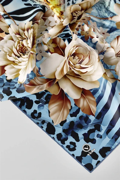 Twill Renkli Şerit Desenli İndigo - Sarı Renkli 90x90 Eşarp (İpek İçermez) Kenar Dikiş Şekli El Dikişli - Resim 2