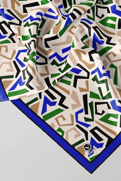 Twill Geometrik Desenli Saks Renkli 90x90 Eşarp (İpek İçermez) Kenar Dikiş Şekli El Dikişli - Resim 2