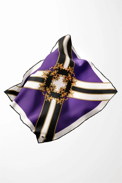 Twill Barok Desenli Mor - Siyah Renkli 90x90 Dikim Şekli : El Dikişi Eşarp (İpek İçermez) - Resim 2