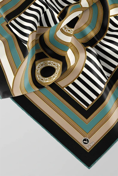 Twill Geometrik Desenli Petrol Yeşili Renkli 90x90 Eşarp (İpek İçermez) Kenar Dikiş Şekli El Dikişli - Resim 2