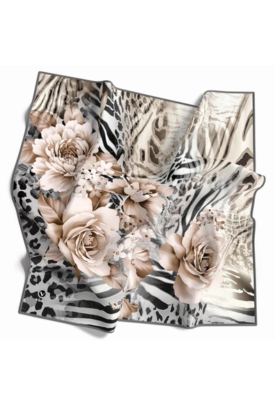 Twill Renkli Şerit Desenli Gri Renkli 90x90 Eşarp (İpek İçermez) Kenar Dikiş Şekli El Dikişli ürün görseli