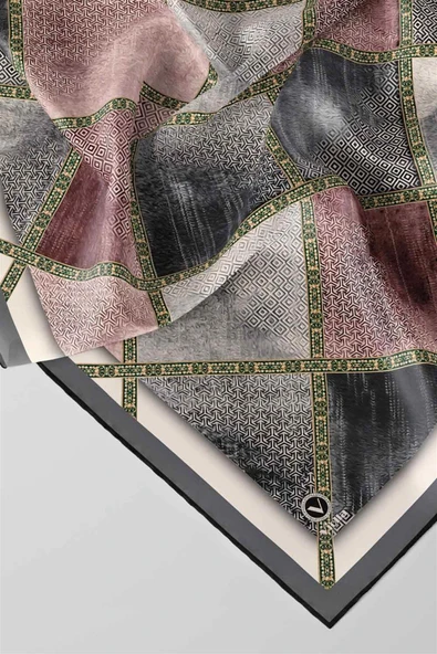 Twill Geometrik Desenli Pudra Renkli 90x90 Eşarp (İpek İçermez) Kenar Dikiş Şekli El Dikişli - Resim 3