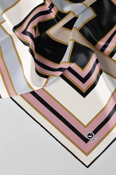 Twill Çerçeve Desenli Gri - Pudra Renkli 90x90 Eşarp (İpek İçermez) Kenar Dikiş Şekli El Dikişli - Resim 3