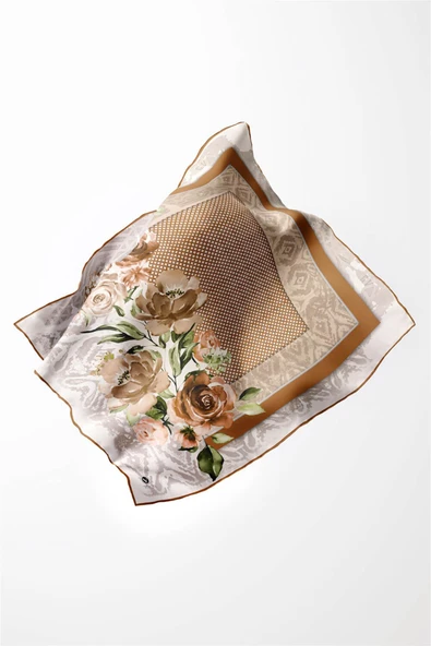 Twill Çiçek Desenli Hardal Renkli 90x90 Eşarp (İpek İçermez) Kenar Dikiş Şekli El Dikişli - Resim 2