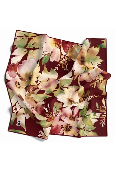 Kristal Büyük Çiçek Desenli Bordo Renkli 90x90 Eşarp (İpek İçermez) Kenar Dikiş Şekli El Dikişli ürün görseli